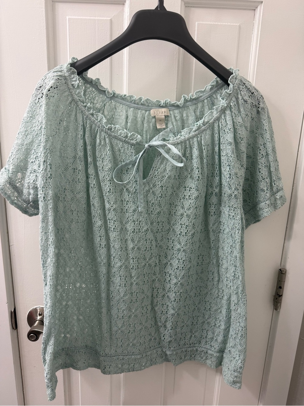 hinge by Nordstrom Mint Lace Tie-Neck Peasant Blouse, Sz M 100% Cotton Like New!